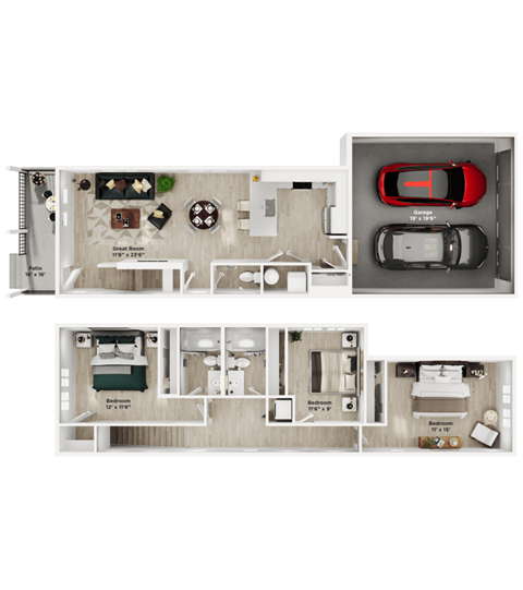 Floor plan for 3 beds, 2.5 baths, 1402 sqft